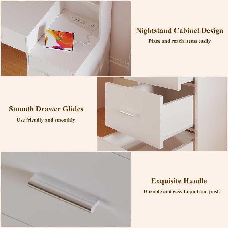 Large Vanity Desk with Mirror & Lights, White Makeup Vanity with 8 Drawers & 6 Storage Shelves, Vanity Set with LED Lights and Power Outlet, 3 Lighting Modes, Adjustable Brightness