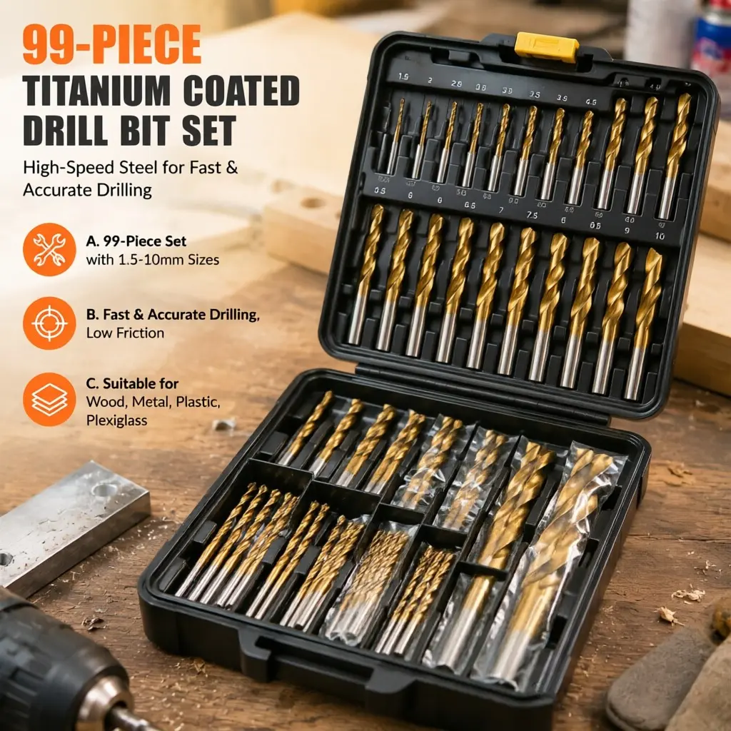 99PCS Titanium HSS Steel Drill Bit Set - 1.5-10mm Straight Shank Twist Bits Kit with Needle Vice, for Metal, Plastic, Wood Drilling, DIY Home Improvement & Workshop Projects