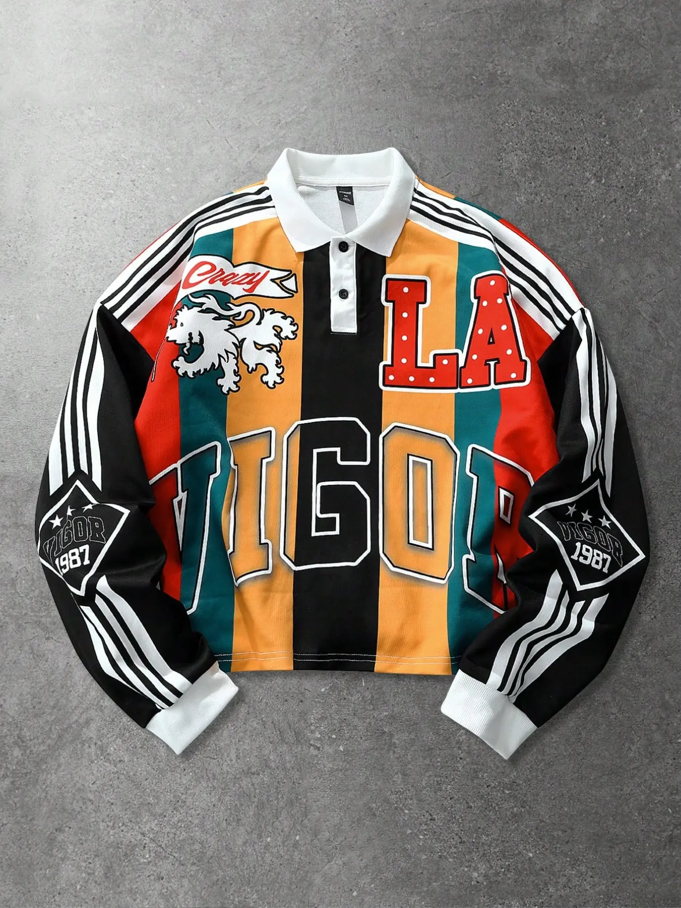 Vintage Print Short Sleeve Rugby Long Sleeve Polo Shirt, Multi-Color Vertical Stripe Collar Shirt, 1987 Badge Print Loose Streetwear Top