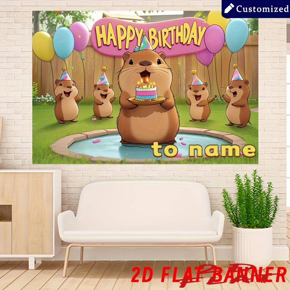 2D Flat, Customizable Capybara Birthday Party Backdrop Banner - Personalized DIY Wall Decoration with Cartoon Capybaras, Balloons & Cake Design, Durable Polyester Material, No Electricity Needed for Home Decor & Party Supplies, Capybara Gifts