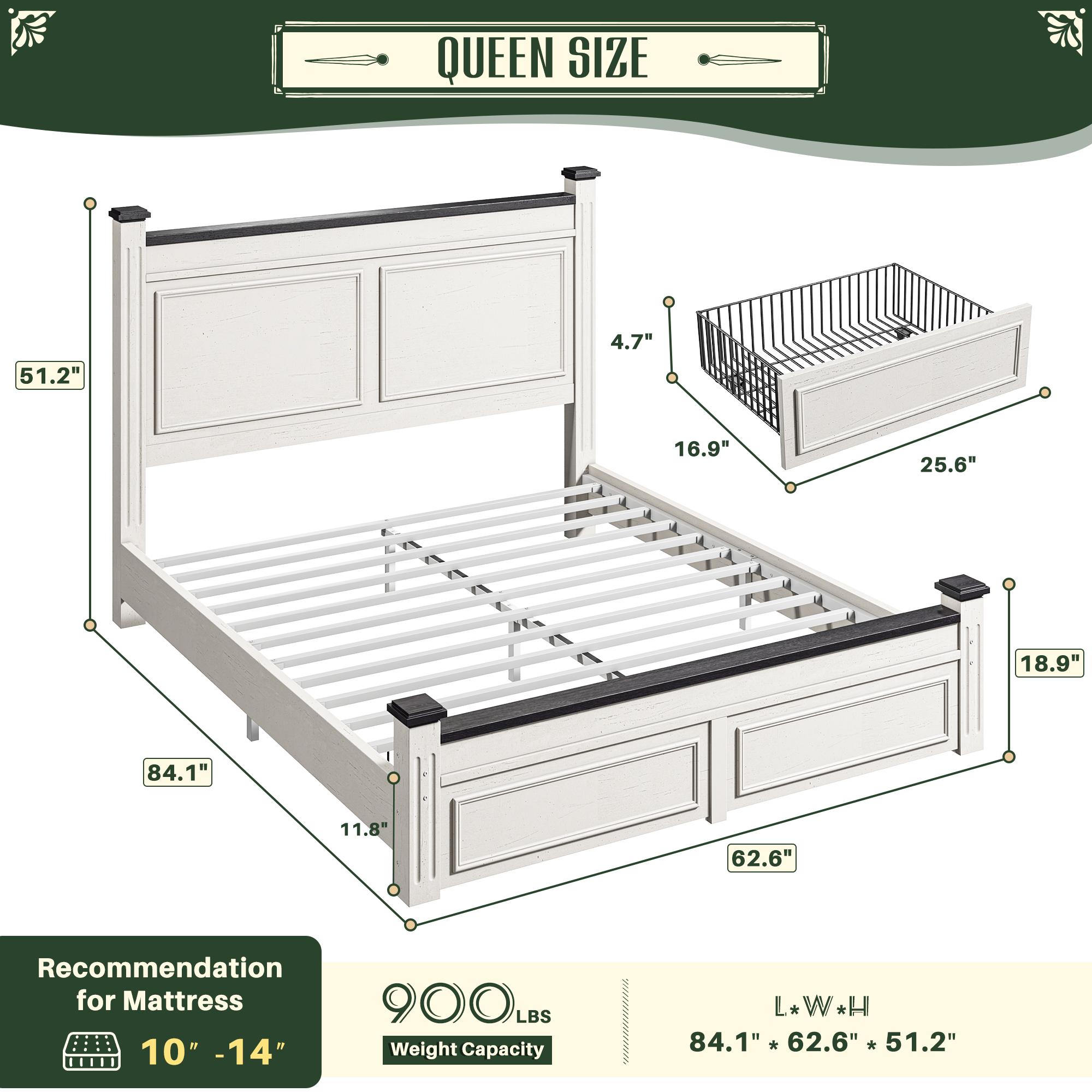 Raybee Wooden Bed Frames for Queen Size, King Bed Frame with 2 Drawers & 51.25" H Tall Headboard,Modern style Solid Wood Bed Frame/Durability& Silent /No Box Spring Required/Easy Assembly/Luxury Bedroom Furniture Design