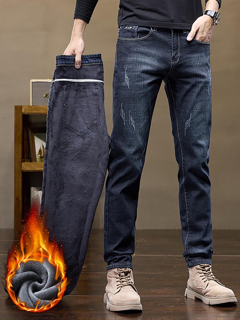 Men's Washed Denim Jeans, Thickened Fleece Lined Straight Leg Casual Pants, Fall Winter Fashion, Slimming & Height-Enhancing Design
