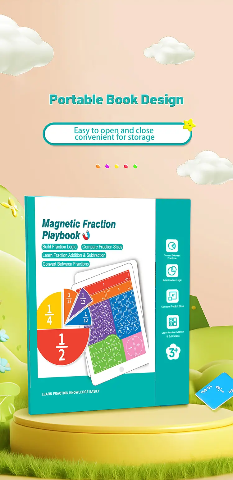 Magnetic Fraction Demonstration Book - Durable Material STEM Math Manipulative Montessori Toy for Ages 6+, Classrooms Homeschool Visual Aid with Addition-Subtraction Support, Birthday Gift for Boosting Confidence