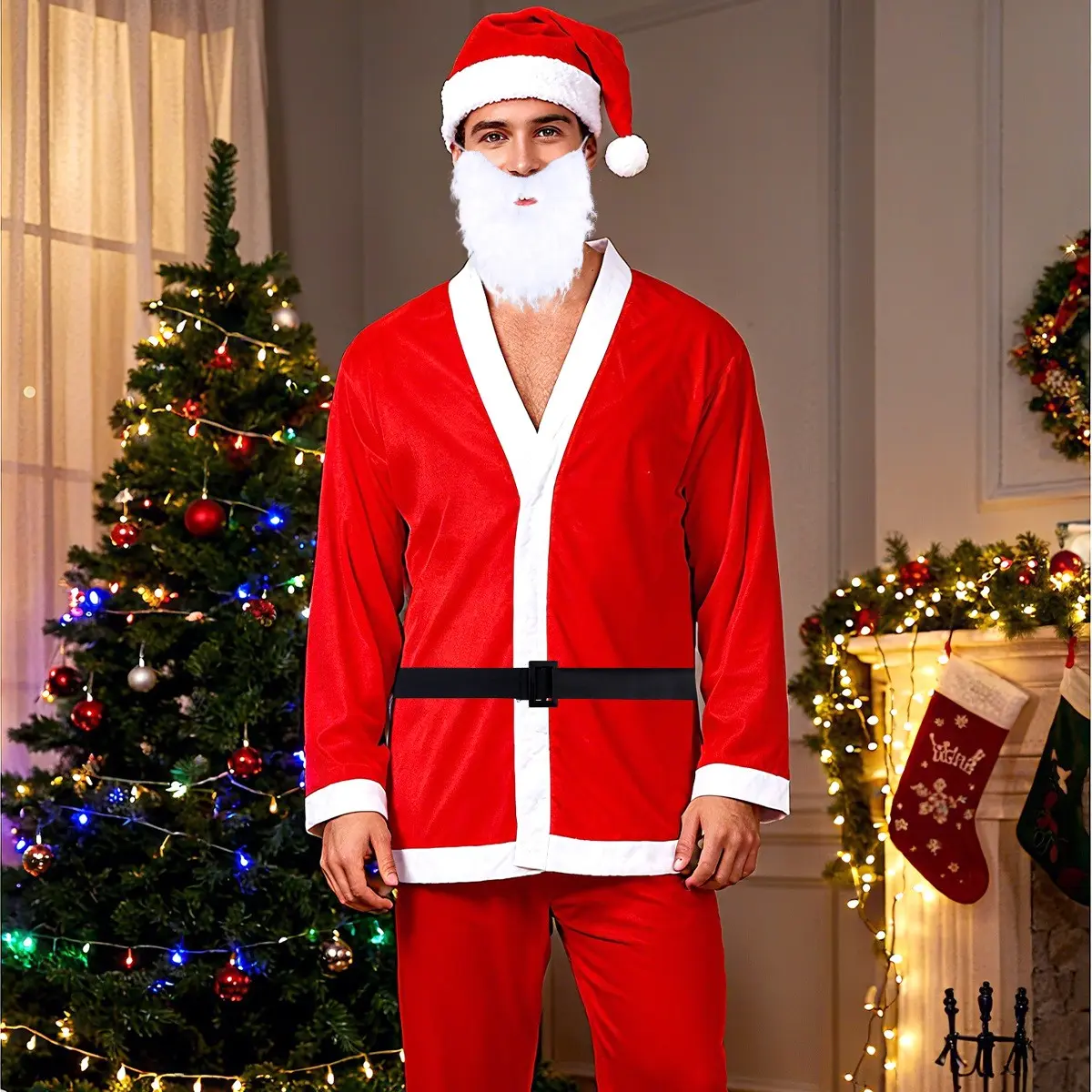 Adult Large Size Santa Claus Costume, 5-Piece Adult, Christmas Party Santa Suit, Santa Cosplay Costume, Holiday Dress Up