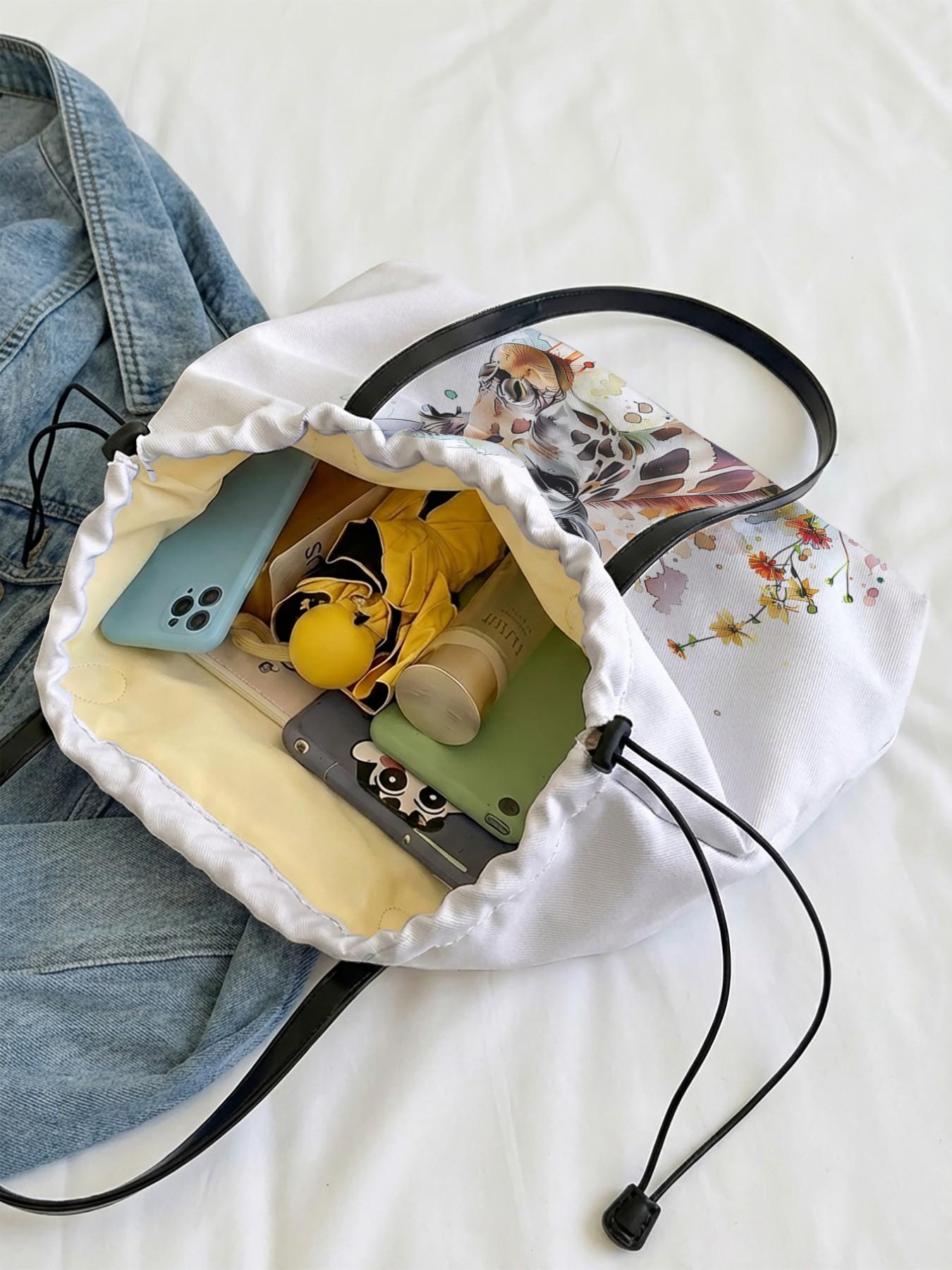 Giraffe Pattern Drawstring Stylish Tote Bag, Large Capacity Shopping Bag, Durable and Wear-Resistant, Random Print, All Seasons Use