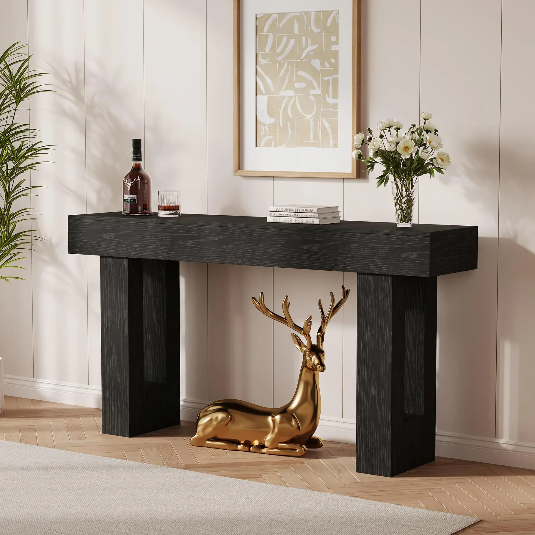 Hosslly 63 in Long Solid Wood Rectangular Furniture Entryway Accent Table, Farmhouse Black Console Table for Living Room, Behind Couch