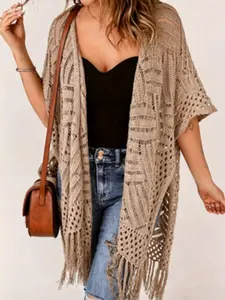 Medium-Length Fashion Loose Knit Kimono Cardigan, Hollow Out Fringe Design, Sun Protection, Plus Size Women's Outerwear