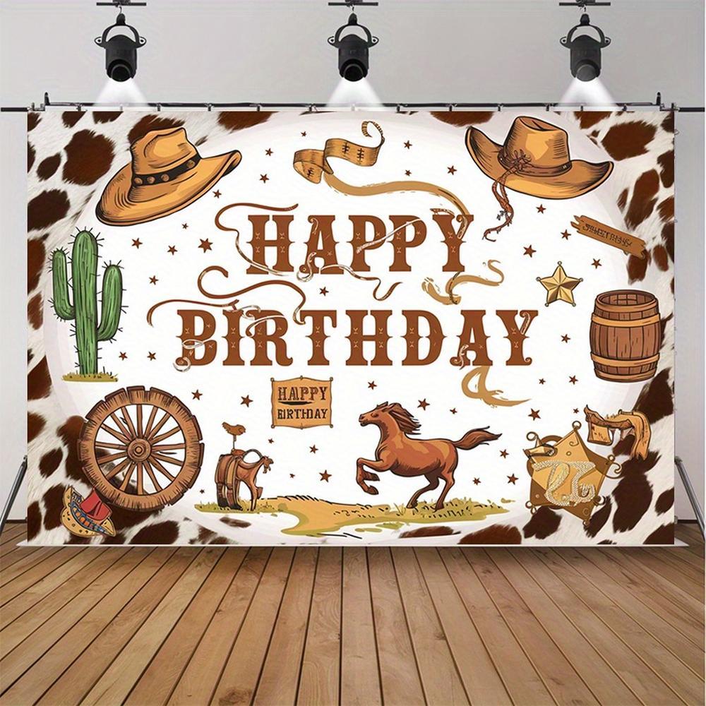1pc Western Cowboy Birthday Party Banner - Vibrant Polyester Backdrop with "HAPPY BIRTHDAY" Text, Cacti, Horseshoes, and Cowboy-Themed Illustrations for Home, Room, or Wall Decor, Perfect for W