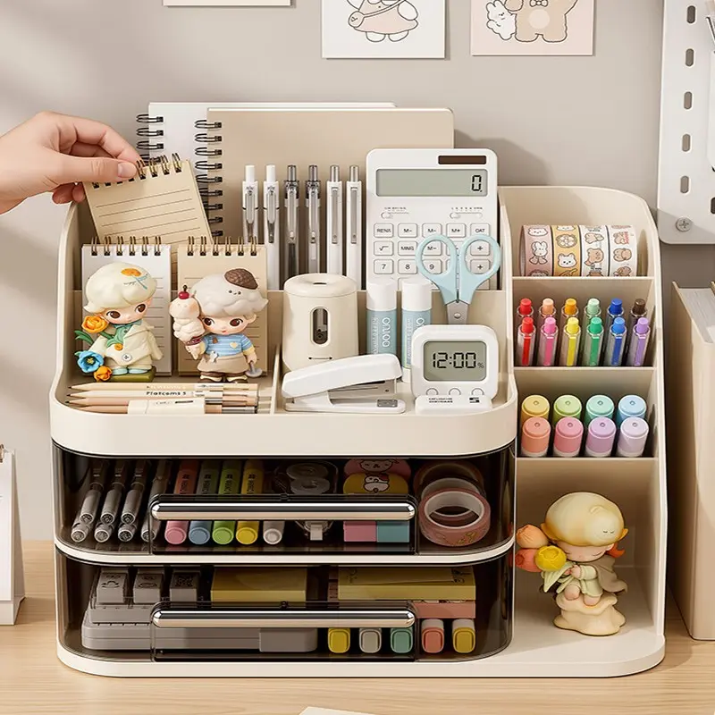 Drawer Desktop Stationery Storage Box, Multi-Compartment Home School Office Organizer, Large Capacity Desk Tray for Pens Notes Small Items