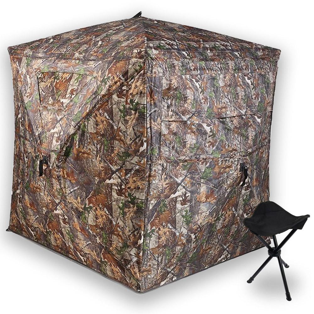 Hunting Blind 2-3 Person with Portable Hunting Chair, 270 Degree See Through Pop up Ground Blinds for Deer Turkey Duck Hunting, Bow Hunting Adjust Windows with Silent Zipper