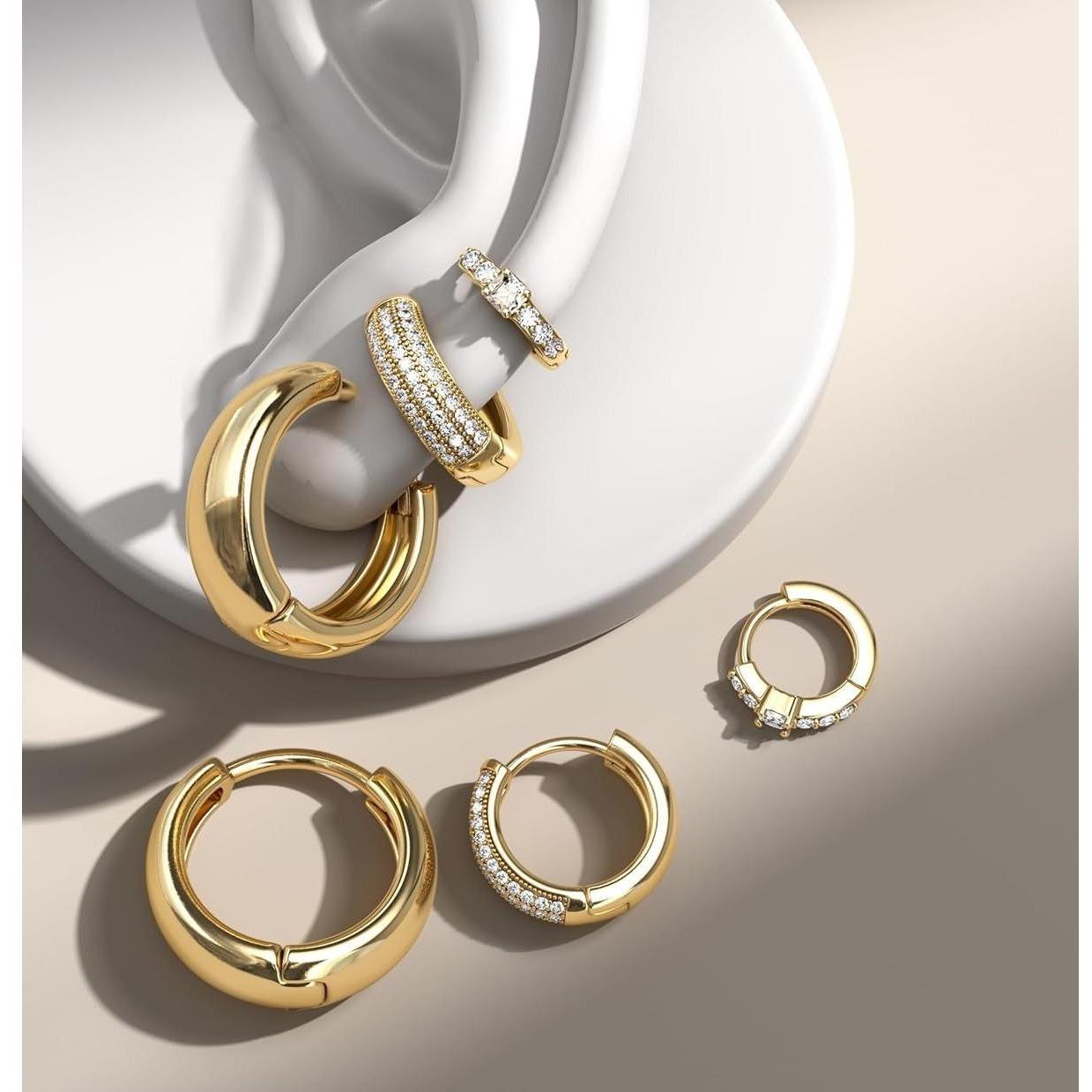 3 Pairs Small 14K Gold Plated Chunky Hoop Earrings for Women Hypoallergenic Silver Earrings Set for Sensitive Ears Non Tarnish Huggie Hoops Earring Stacks for Multiple Piercing Jewelry Gifts