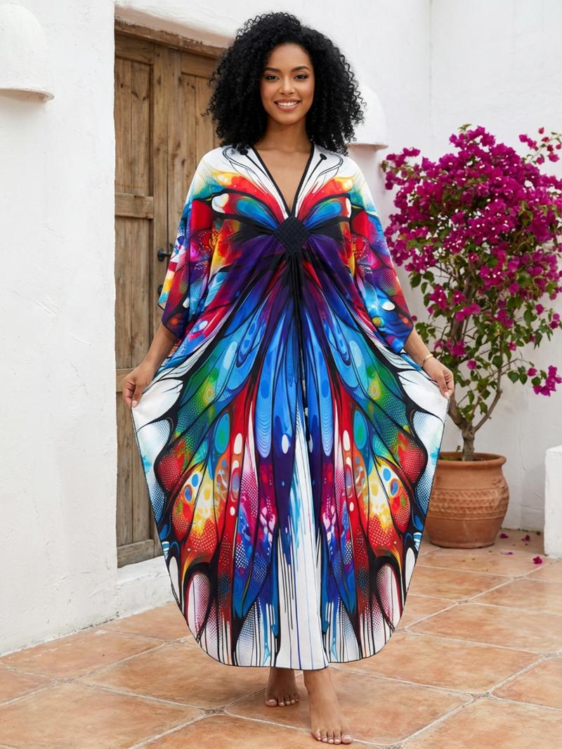 EDOLYNSA plus size Kaftan Dresses for Women printing Moo Moo Dress muumuu caftan beach dress lightweight swimsuit cover-up relaxed flowy outfit vacation Bohemian robe Q1588