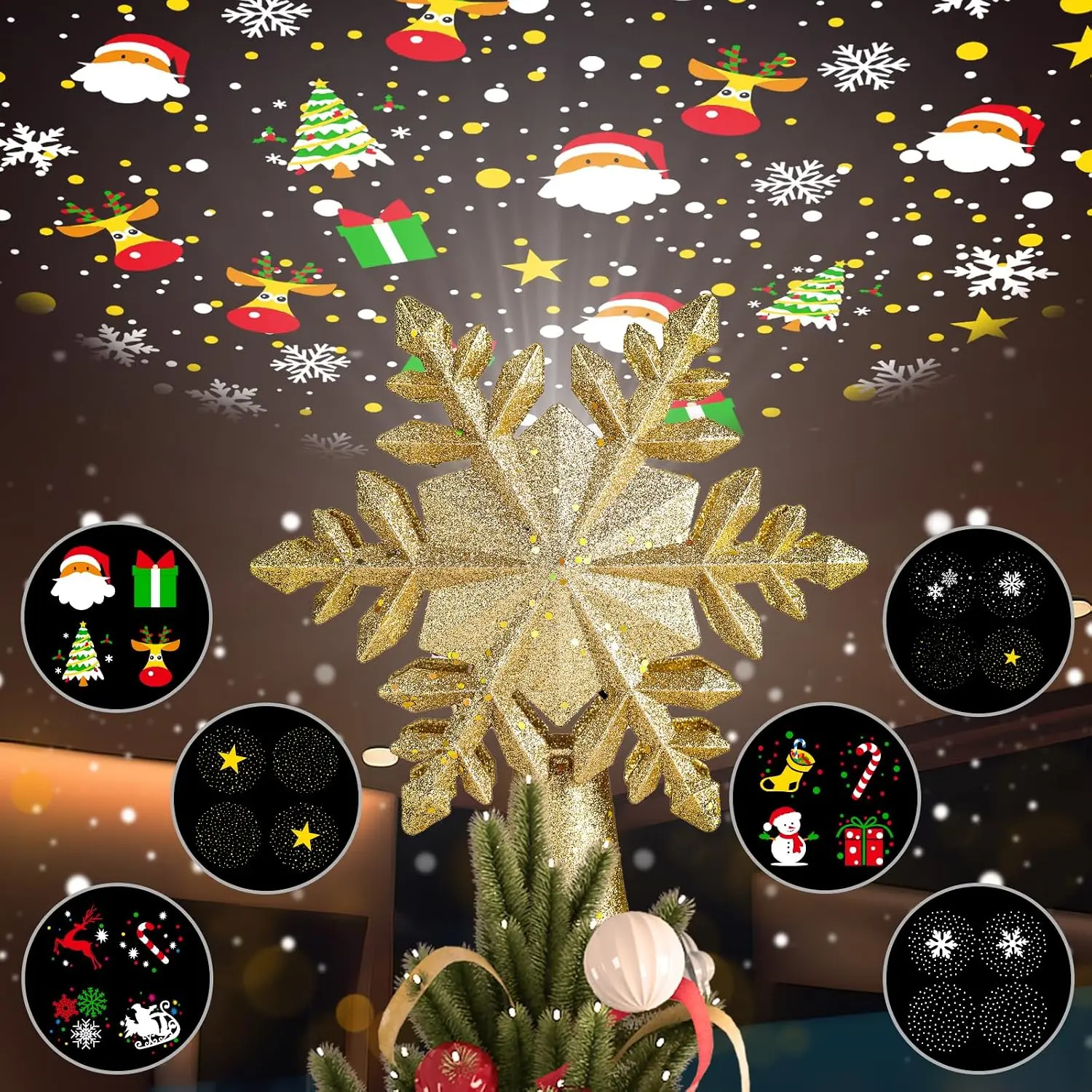 Christmas Tree Topper Lighted  with Projector Light 6  Effects,  Glitter  Christmas Tree  Topper Christmas Projector Lights Indoor for  Xmas Christmas Tree Decorations