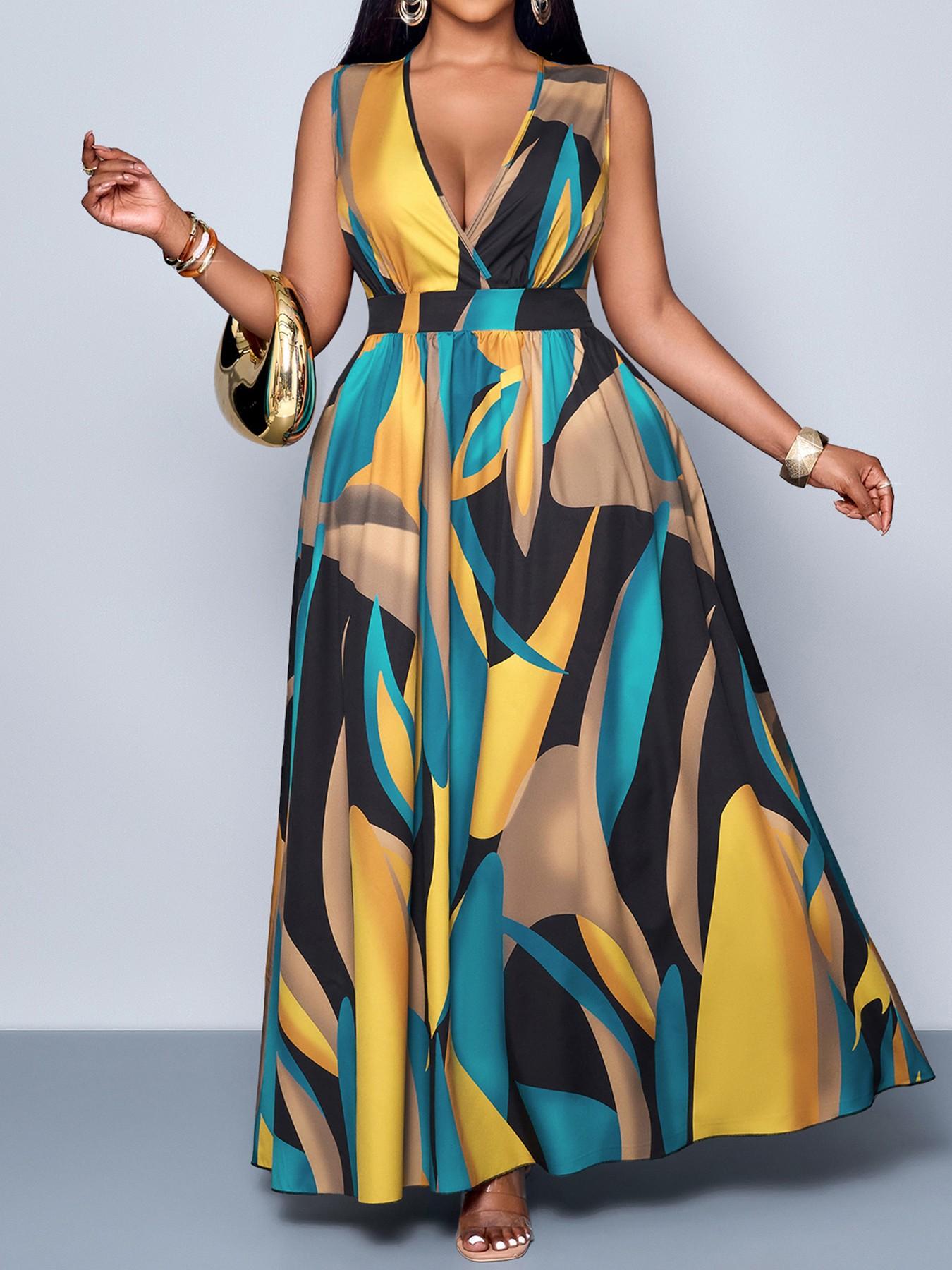 Plus Size Women's Elegant Casual Boho Chic Summer Plant Print V-Neck Sleeveless High Waist A-Line Dress for Leisure, Vacation & Outdoor loose fit fashion forward special occasion oversized