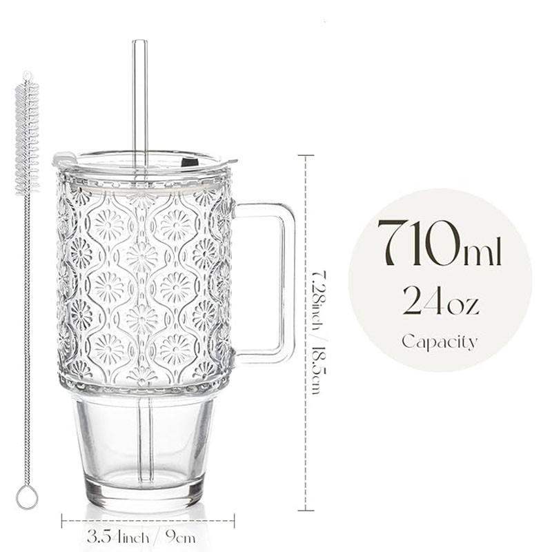 24oz Screw Top Glass Cup with Lid and Straw, Handle Water Bottle, Ice Coffee Mug, Reusable Transparent Drinkware for Smoothies and Beverages, Tumbler with Straw, Clear Water Bottle with Straw, Drink Container