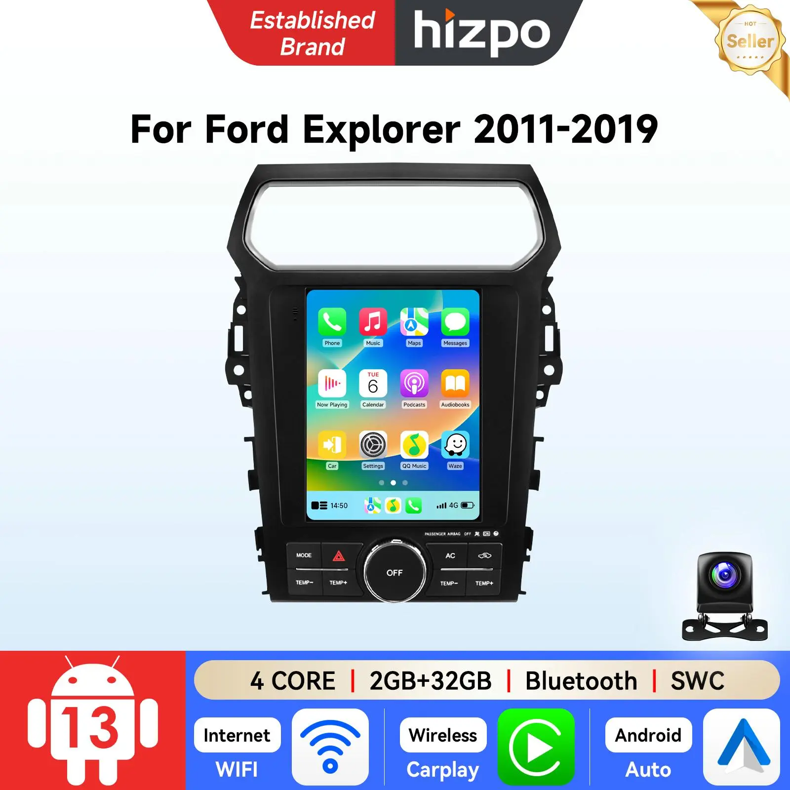 Hizpo Android Car Player For Ford Explorer 2011–2019 Android Head Unit 8-Core 4GB+64GB with Wireless CarPlay, GPS, WiFi