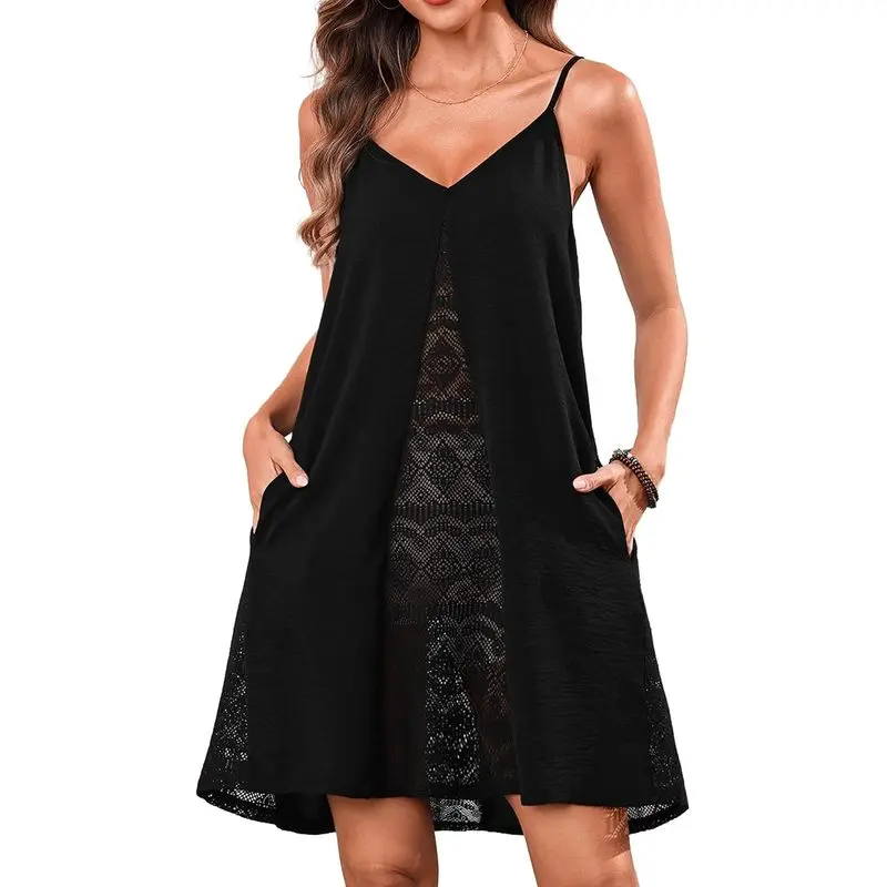 Women's Bathing Suit Cover Up Dress Crochet Spaghetti Straps Summer Beach Dress with Pockets Swimsuit Coverup