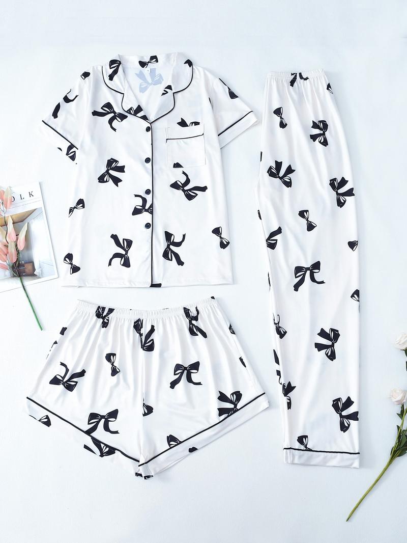 Three-piece Set Women's Bowknot & Heart Print Pajama Set, Cute Comfy Short Sleeve Tee & Elastic Waist Trousers & Shorts Pj Set, Ladies Sleepwear for All Seasons, Casual Sleepwear Set