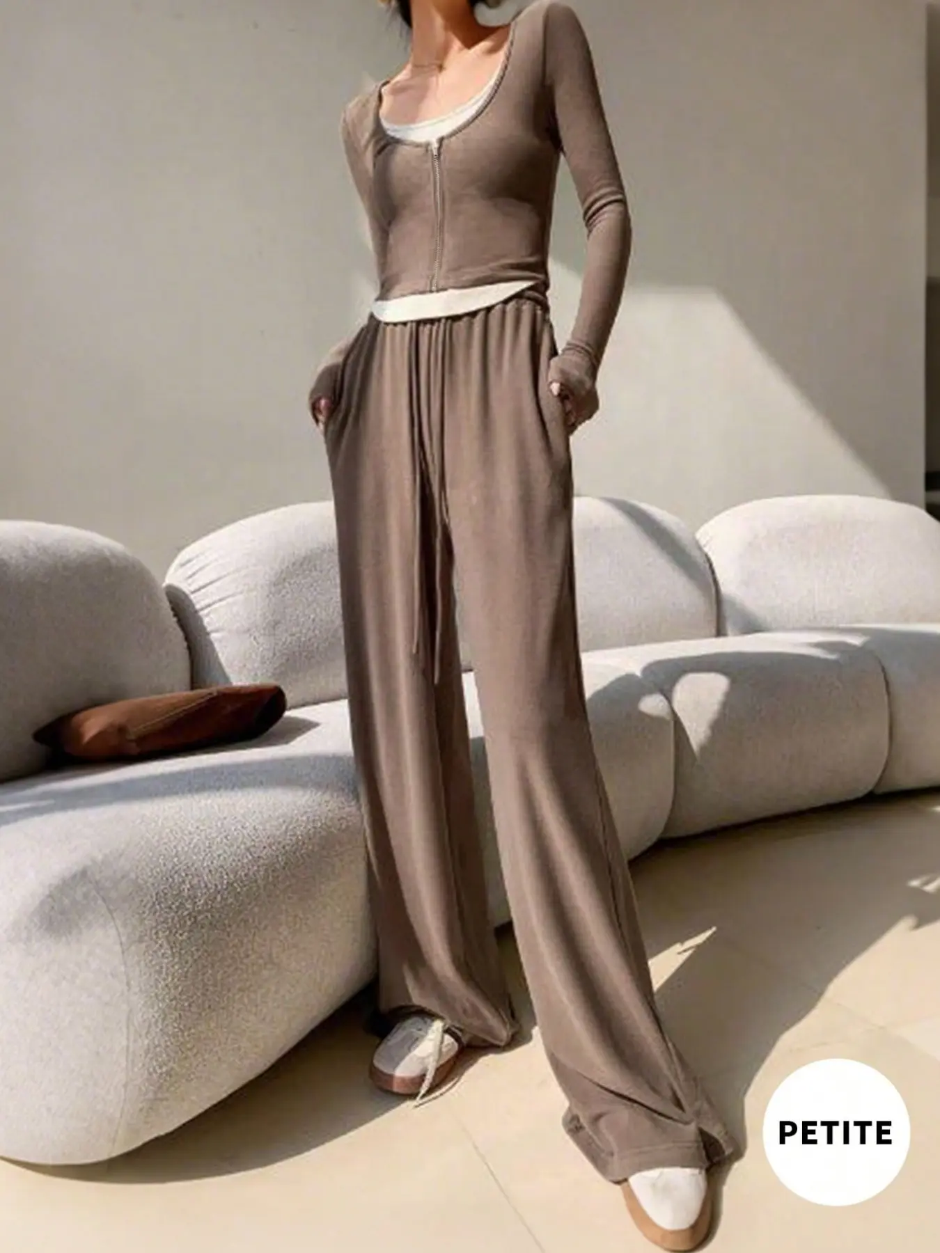 Petite Women's Two-Piece Set, Zipper Long Sleeve Knit Top, Waist Drawstring, Loose Fit, Casual Style, No Accessories Included