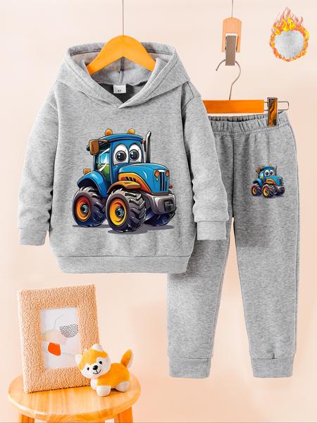 Boys' Fall Winter Fleece Set, Cartoon Tractor Print Hoodie & Jogger Pants, Casual Warm Fashion for Kids, Perfect Gift Idea, Clothes Kids