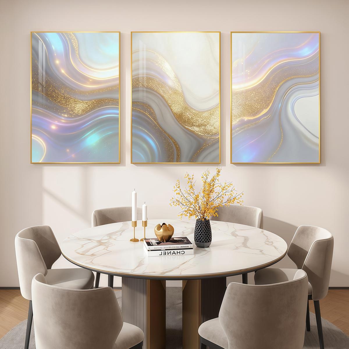 3 Counts Aluminum Alloy Framed Painting, Abstract Golden And Silver Fluid Art Pattern, Home Decoration For Living Room, Bedroom, Office, Restaurant, Hallway Wall Decor, Odorless Print Artwork, Luxury Perfect Gift For Friends And Family