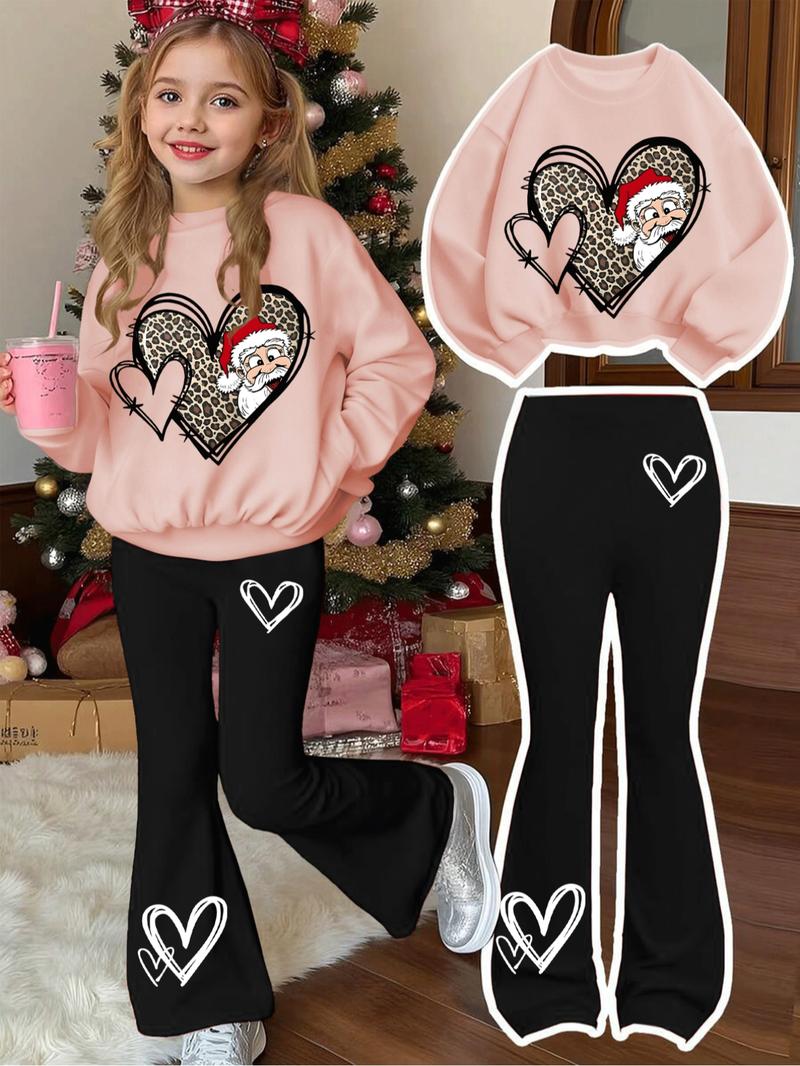 Girls' Christmas Leopard Heart Santa Print Sweatshirt & Casual Bell Bottoms Set, Fitted Style, Fall&winter Fashion, Fashion Clothes Set