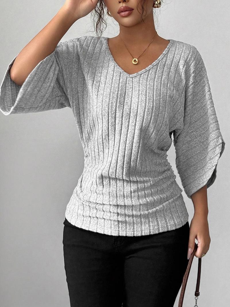 Women's 1pc Solid Color Ribbed Batwing Sleeve V-Neck Blouse Soft Stretchy Knit Fabric & Relaxed Batwing Sleeve Design & Vertical Ribbed Texture & V-Neck Silhouette & Curved Hem Detail，batwing shirts
