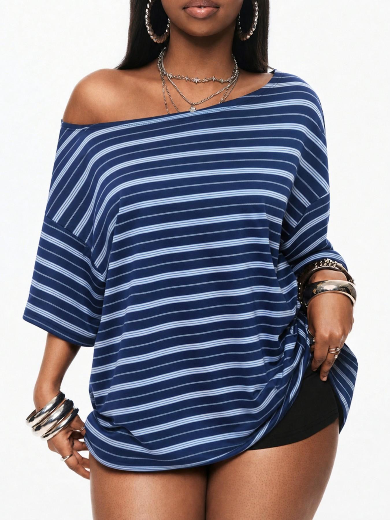 Women Off Shoulder Striped Loose Tee Short Sleeve Oversized Casual Top Y2K Vintage Navy Blue Stripe Slash Neck Relaxed Fit Daily Streetwear Trendy Baggy Basic Blouse Casual Clothing