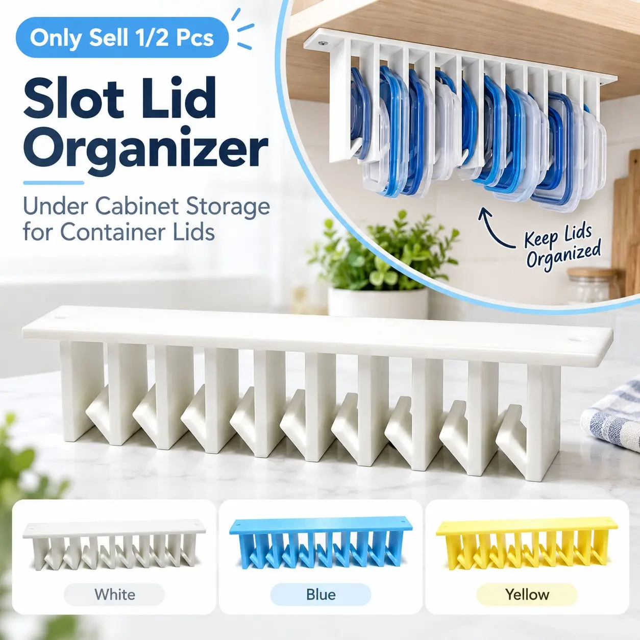 1/2 PCS Slot Lid Organizer, Hanging Organizer in Cabinet, Space-Saving Lid Hanger Rack, Under Cabinet Kitchen Lid Hanger for Container Lids, Kitchen Cabinets, Pantry, Drawers and Home Organization, Home Storage Hook