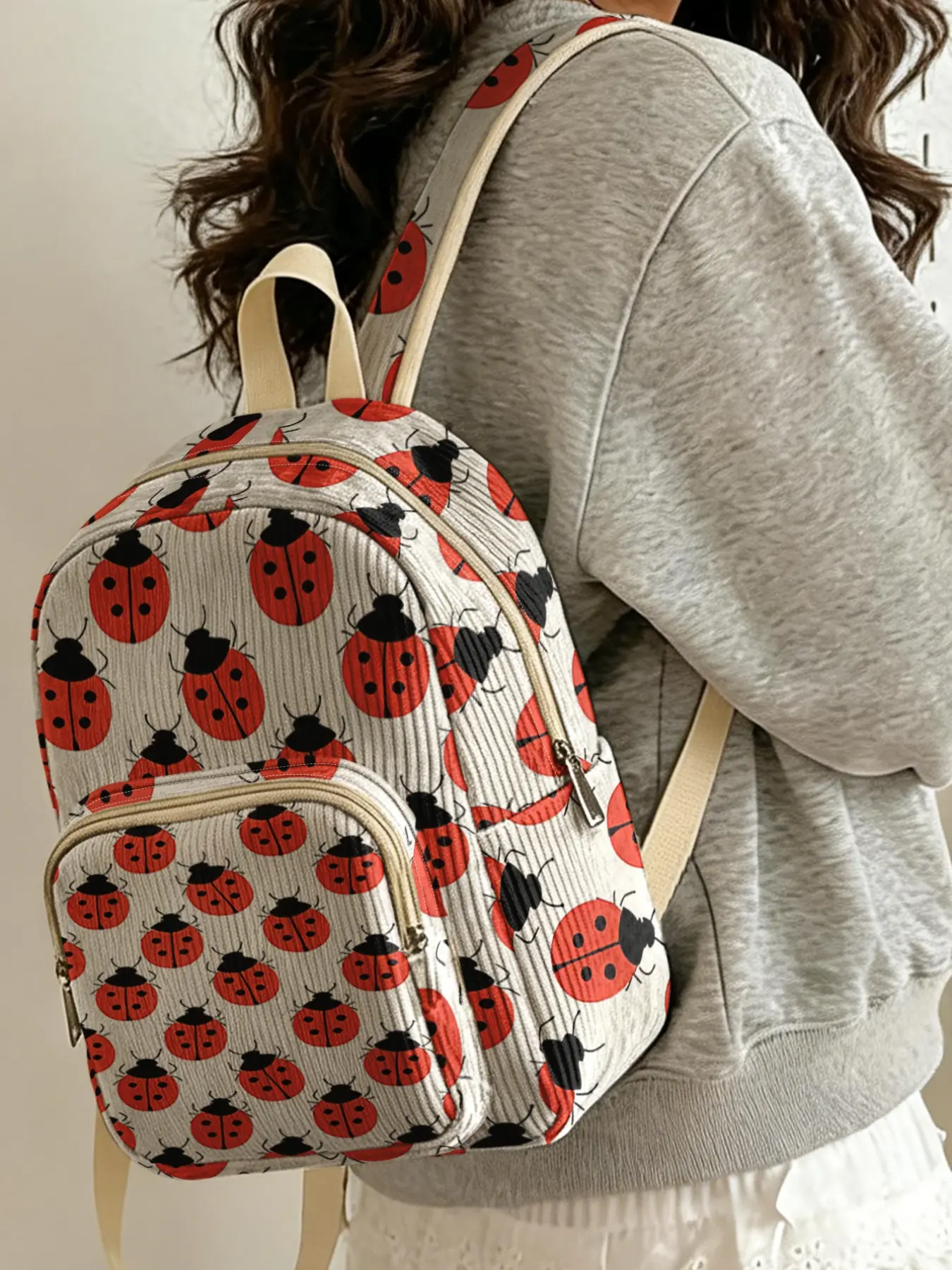 Lady Backpack with Ladybug Pattern, 2D Print Design, Textured Fabric, Layered Storage, Ideal for School & Outing, Practical & Stylish, Kawaii Backpack for Fall Winter