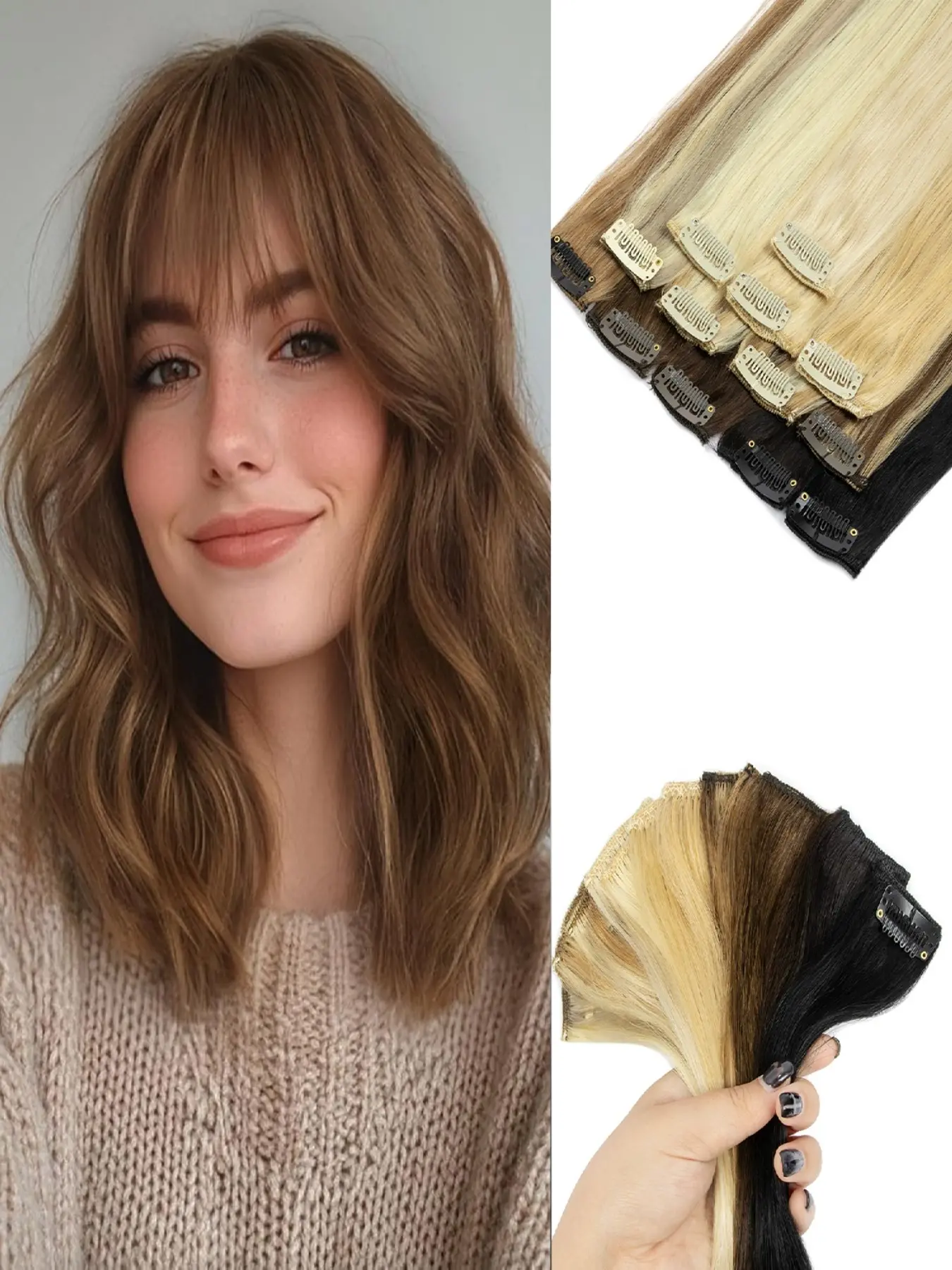 Human Hair Clip-In Extensions, 12-16in Medium Length, 6 Pieces Per Pack, Party Style, No Ca Prop 65, Batch Number Mrs-0912a-S