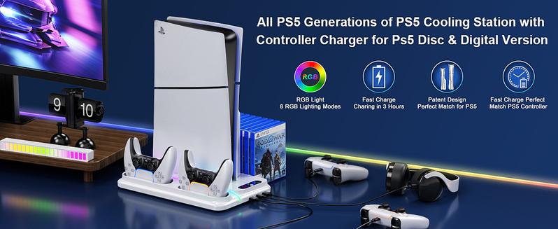 Ponkor PS5 Cooling and Charging Dock, Compatible with PlayStation 5 Standard, Slim and Pro Consoles (Disc & Digital), Featuring Dual PS5 Controller Charger, Adjustable 3-Speed Cooling Fan, 8 Modes Dynamic RGB Lighting, Headset Hook & 3 USB Hubs