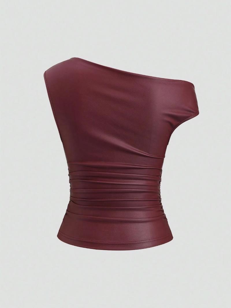 Women's Leather Metal Decor Casual Fashion Top，Irregular Collar PU Top with Metal Decoration, Stylish Casual Blouse for Daily Wear, Fashionable Women's Clothing