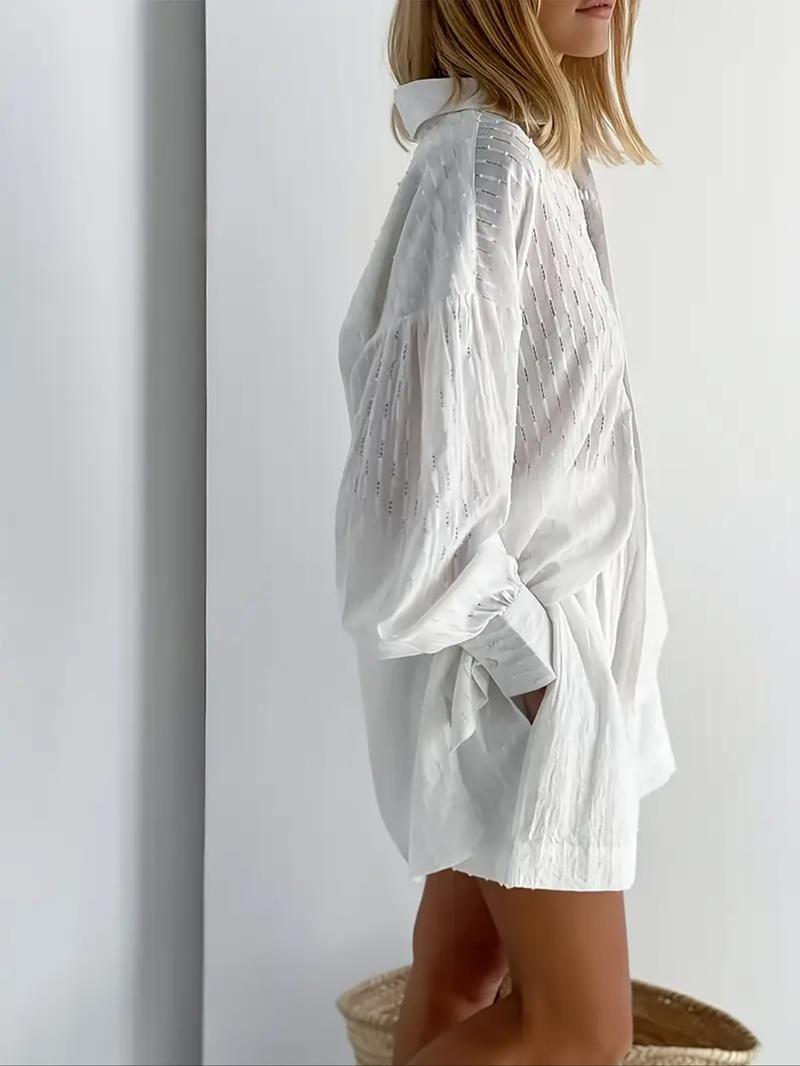 Women's Micro-Transparent Embroidered Fabric Bubble Long Sleeve Shirt Shorts Casual Set, Stylish and Comfortable