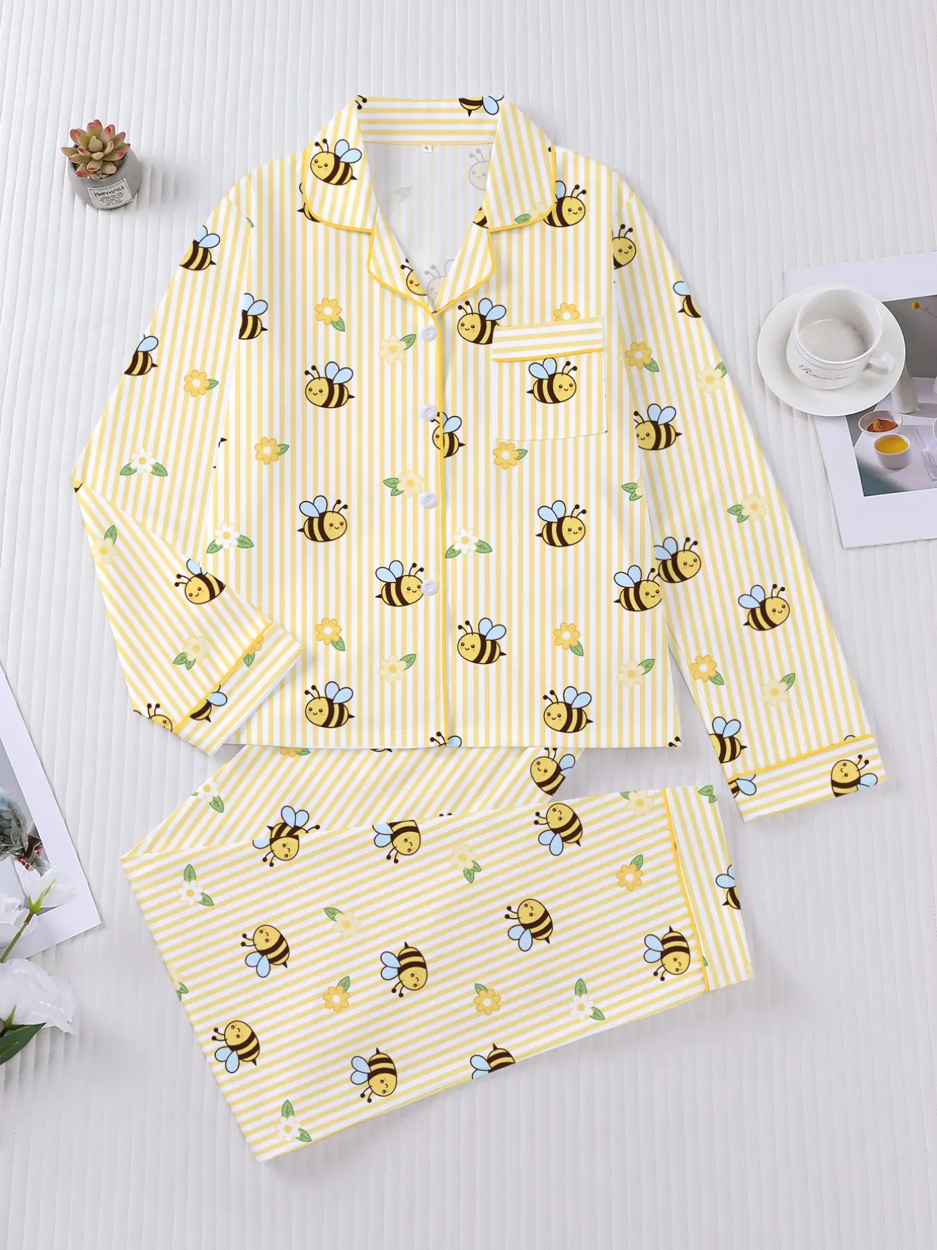 Women's 2-Piece Pajama Set, Cute Bee Print, Long Sleeve, Fitted, Casual Style, Fall & Winter Sleepwear, Comfortable Home Wear, Pjs