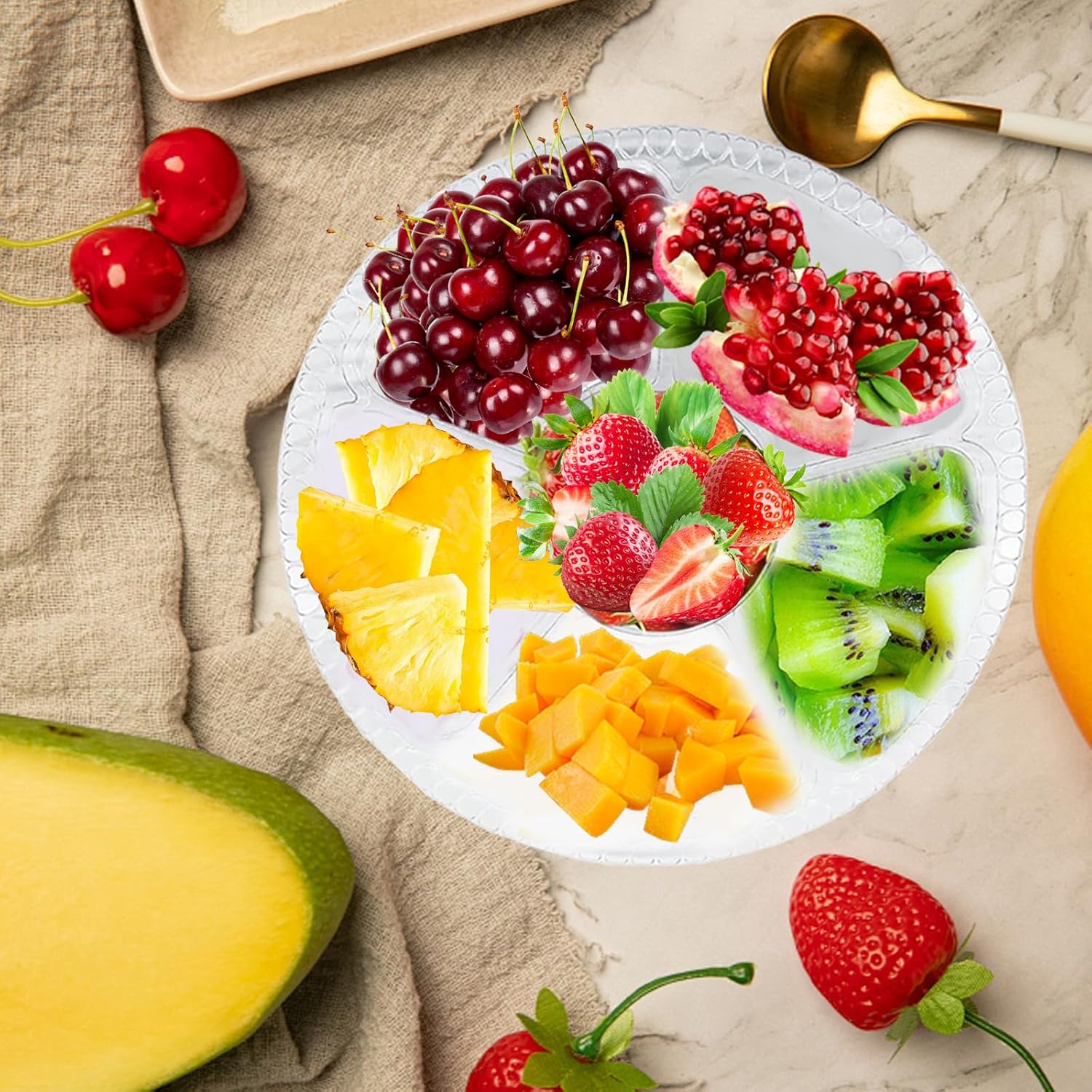 10 sets (10 lids+10 plates) Round Plastic Serving Tray, Clear Round Plastic Veggie Tray with Lid, Disposable Food Storage Containers 6 Divided Compartment Container for Fruit Nut Snack