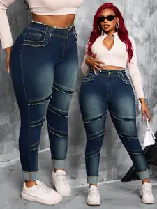 【Plus Size】 Raw Hem Dark Wash Denim Jeans, Basic Comfy Slim-fitting Outfits Women's Bottoms for Summer