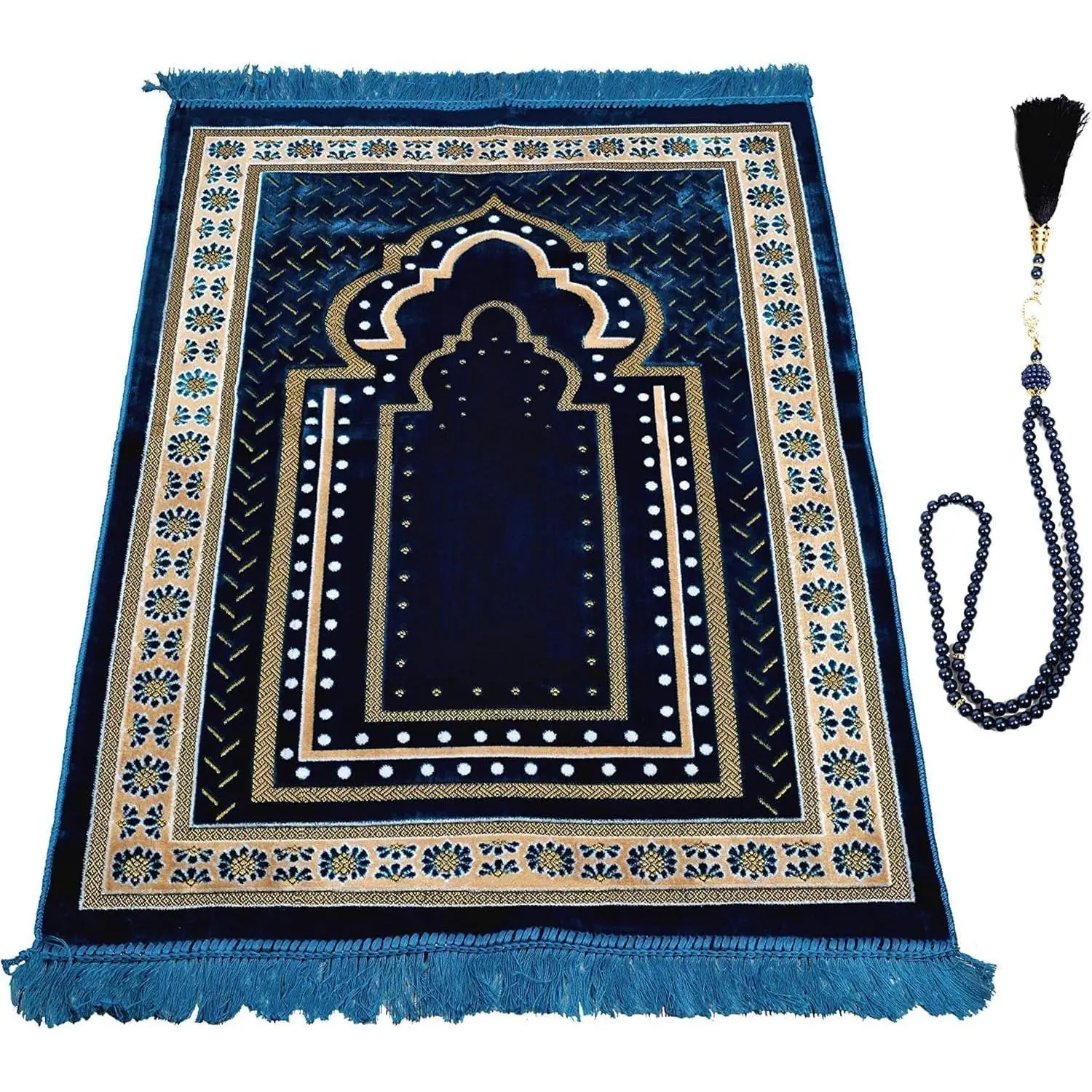 Turkish Muslim Prayer Rug, Mat with Beads for Men Women, Ramadan Hajj Gift