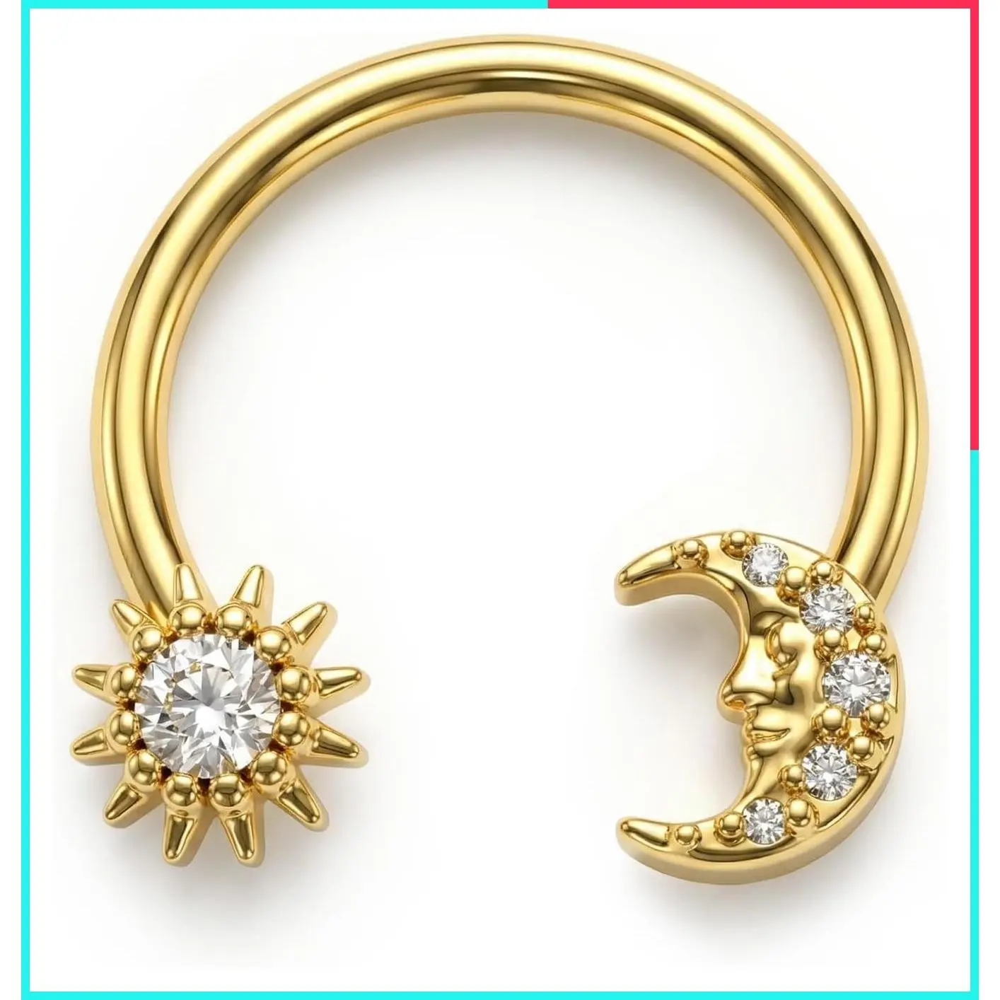 16G Sun Moon Septum Rings, 316L Surgical Steel Horseshoe Nose Hoops for Women, CZ Barbell Jewelry for Daith Tragus Lip Helix Conch Piercings, Silver Color/14K Gold Plated, 10mm