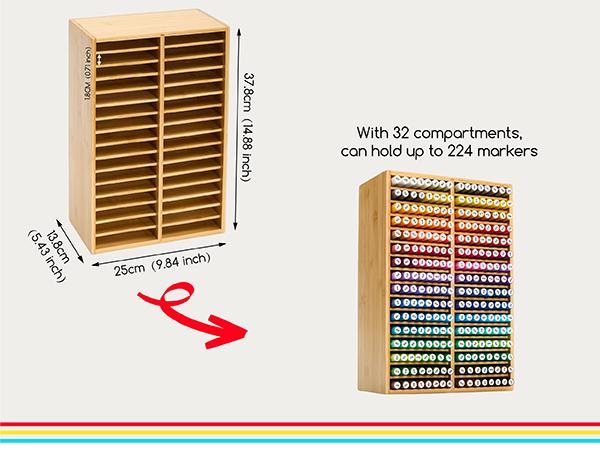 MEEDEN Bamboo Marker Organizer for Desk: Holds 224 Pens with 32 Compartments- Art Supply Storage & Holder for Alcohol Markers，Pens，Pencils
