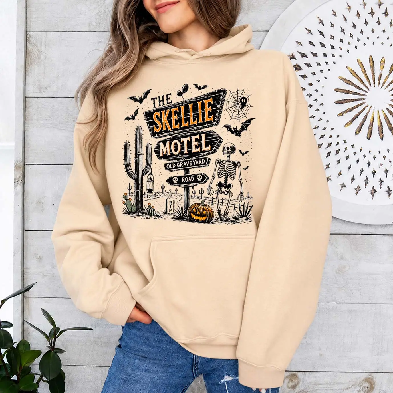 Women’s Halloween Skeleton Graphic Hoodie, Spooky Desert Graveyard Pumpkin Bat & Spider Web Print Pullover Sweatshirt, Cozy Long Sleeve Fall Top with Front Pocket, Casual Autumn Hoodie for Halloween Parties,Weekend Wear & Seasonal Outfits