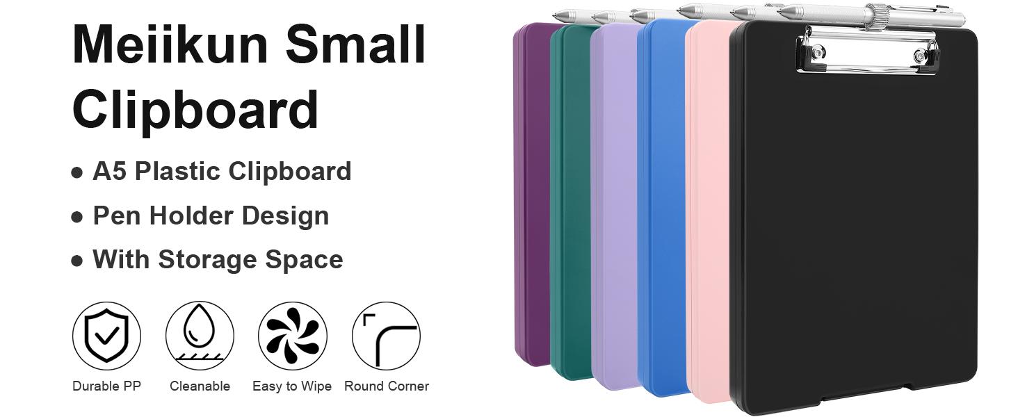 Small Clipboard with Storage, A5 Clipboards with Pen Holder, Half Letter Clip Boards 6x9 Mini Plastic Clipboard with Low Profile Clip for Classroom, School, Office Supplies (Black)
