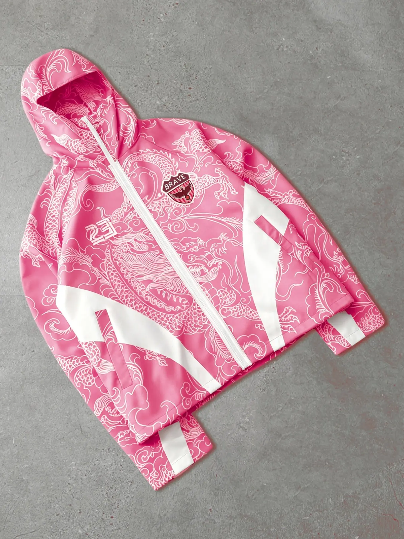 Men's dragon-patterned hooded windproof jacket, lightweight street style, full zipper design.