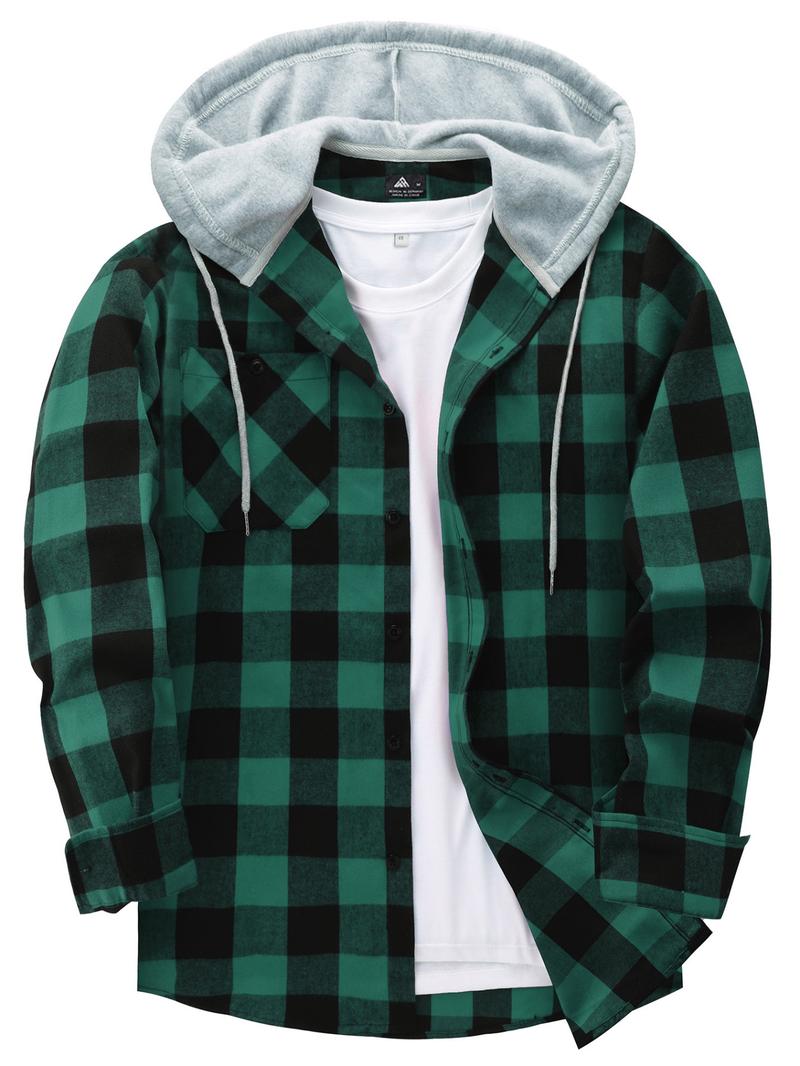 【Plus Size】 Plaid Print Button Front Drawstring Hooded Shirt, Casual Regular Fit Long Sleeve Pocket Top for Daily Wear, Men's Clothing for All Seasons