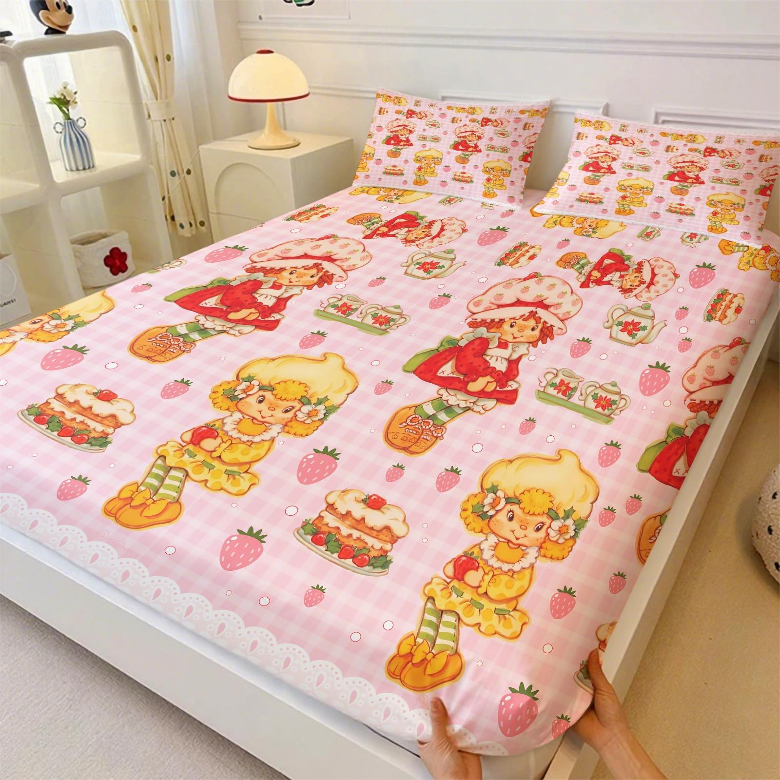 Q Version Strawberry Sweetheart Cartoon Fitted Sheet Set & 2 Pillowcases No Core, Wavy Stripe Design Paired with Cute Cartoon Characters, Soft Anti-Slip Wrinkle-Resistant, Girls' Bedroom Decor, Gift Choice