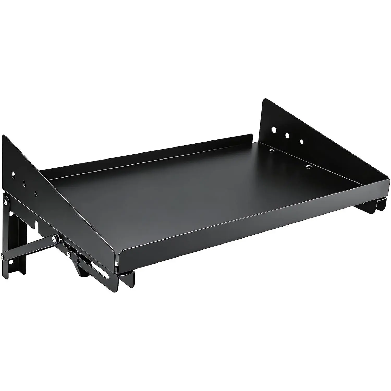 Folding Metal Floating Shelf, 17 x 10 Inch Wall Mounted Storage Rack with Lip — Holds 100LBs per Shelf, Space-Saving Foldable Design for Garage, Workshop, Kitchen & Office, Black (1 Pack)