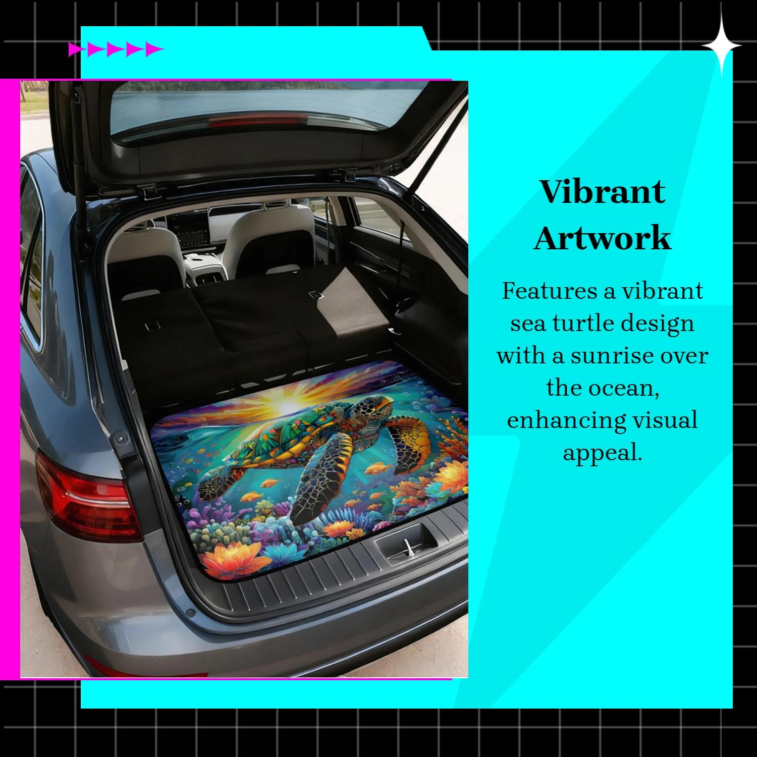 One Piece of a Vibrant Sea Turtle Design Featuring a Sunrise Over The Ocean, Perfect for Car Trunk. This SUV Mat, Car Floor Mats, Serves As an Easy-To-Clean Floor Cover for Camping Gear, Sports Equipment, Making It Ideal for Family Outings