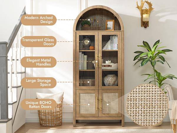 PieDle Furniture 71" Tall Arched Display Cabinet, 5-Tier Bookshelf Modern Farmhouse Arched Bookcase with Glass Doors and Shelves, Wooden Pantry Storage Cabinet for Living Room, Office and Kitchen