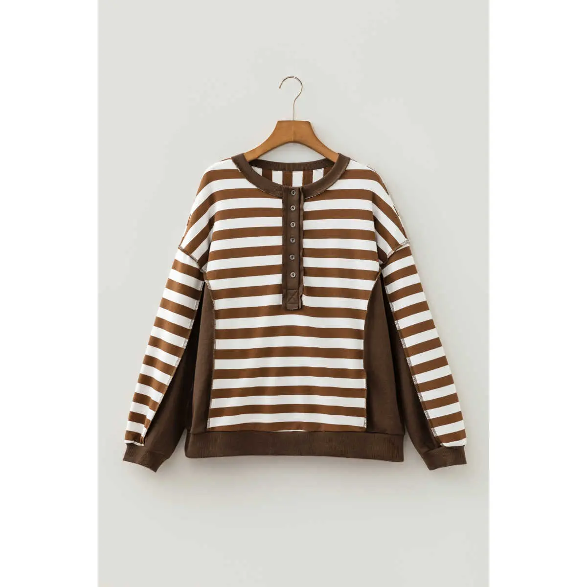 Brown Stripe Exposed Seam Color Block Patchwork Button Placket Sweatshirt