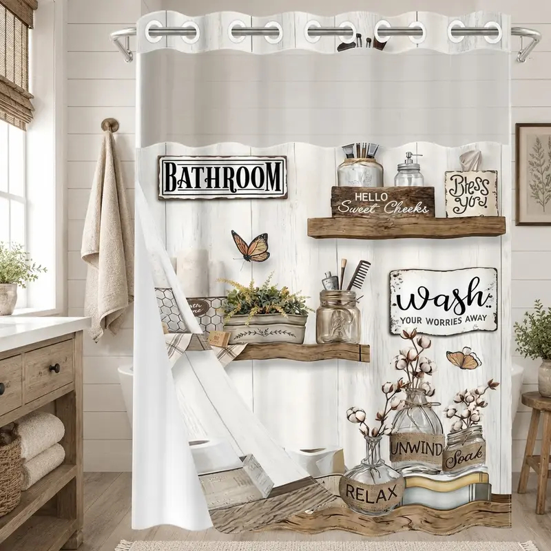 1Pc Hookless Double Layer Whimsical Shower Curtain, Rustic Farmhouse Bathroom Shelf Sign Cotton Butterfly Print, No Hooks Needed, Removable Snap-in Liner, Top Sheer Window, Water Repellent Washable Fabric For Apartment Rental Bathtub Shower, 71x74 Inch